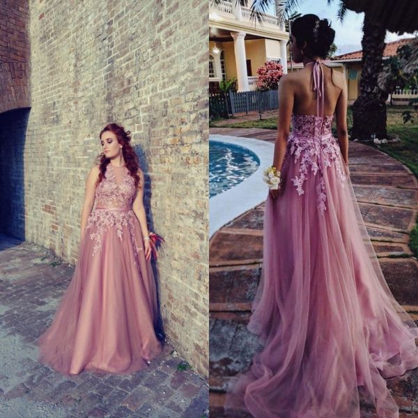 

розовый очаровательная sexy backless тюль a line длинные платья выпускного вечера 2020 холтер узелок аппликации блестки вечер формальные пар, Black