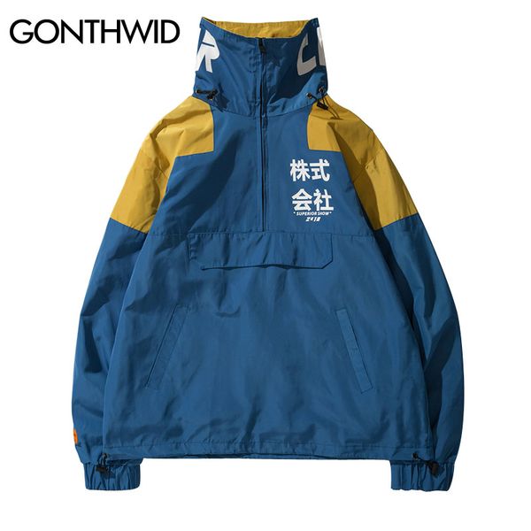

gonthwid back pockets half zipper pullover windbreaker track jackets men 2019 autumn hip hop harajuku coats streetwear male, Black;brown