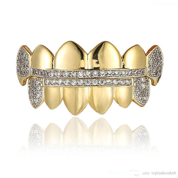 

hip hop braces 18k gold plated micro zircon cusp gold braces bing bling gold zircon braces sale, Black