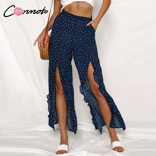 

conmoto transparent chiffon women pants polka dots femme trousers ruffles split high waist casual pants summer 2019, Black;white