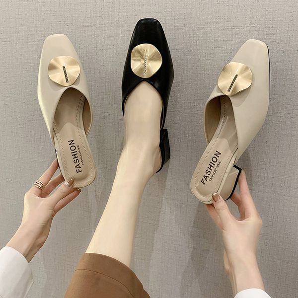 

med shoes woman 2020 female mule square heel rivet womens slippers outdoor cover toe pantofle heeled mules luxury slides block, Black