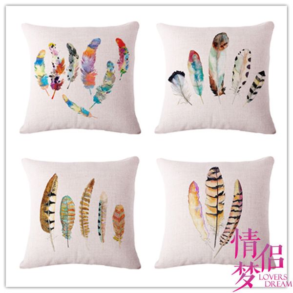 

hand watercolor feather cotton flax pillow back cushion cushion heat sell can customized