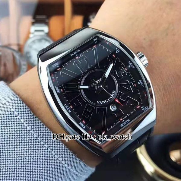 

new men's collection date vanguard v45 sc dt automatic mens watch 3d literal black dial leather rubber strap silver case gents sport wa, Slivery;brown