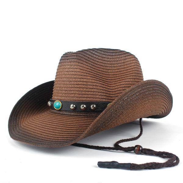 

women men hollow western cowboy hat lady summer straw turquoise belt sombrero hombre beach cowgirl jazz sun hat size 57-59cm, Blue;gray