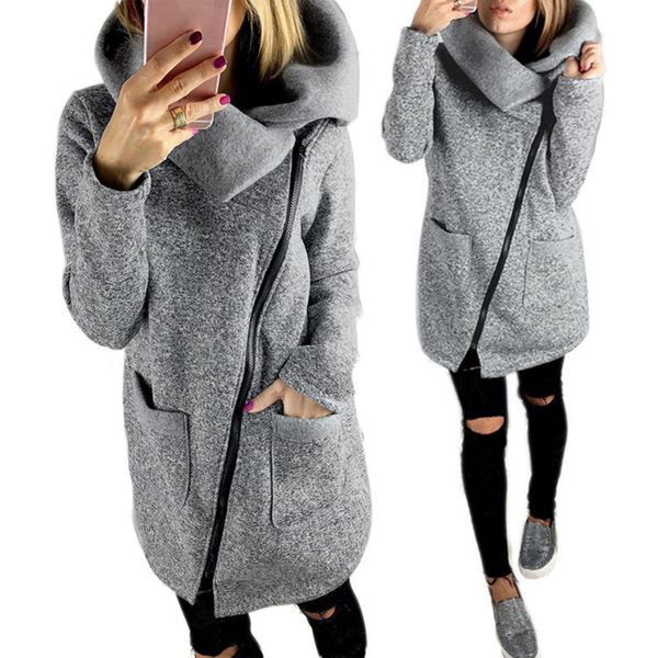 

women fashion inclined zipper thick coat large turndown collar jacket outerwear, Black