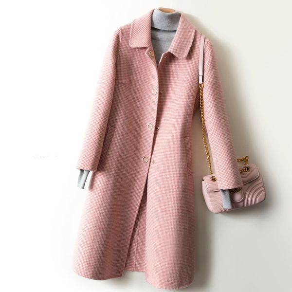 

высококачественная хаундстут двусторонний шерстяное пальто весна осень темперамент тонкий шерстяной куртки женщины длинные теплая шерсть par, Black