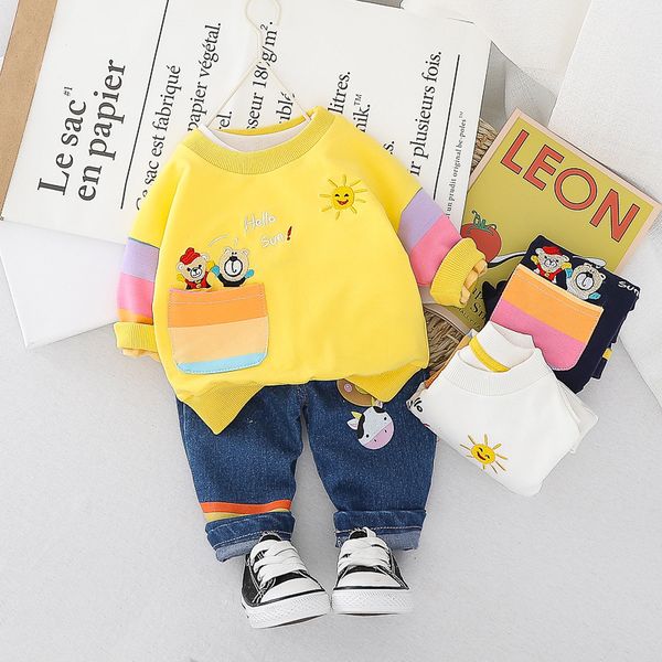 

spring clothing mixed colors bear boys' clothes fashion jeans south korea new style two-piece set, White