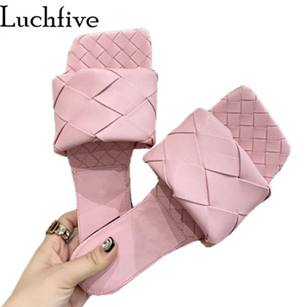 

2020 leather slippers women pink blue woven designer flat shoes summer outdoors mules female casual beach shoes women, Black
