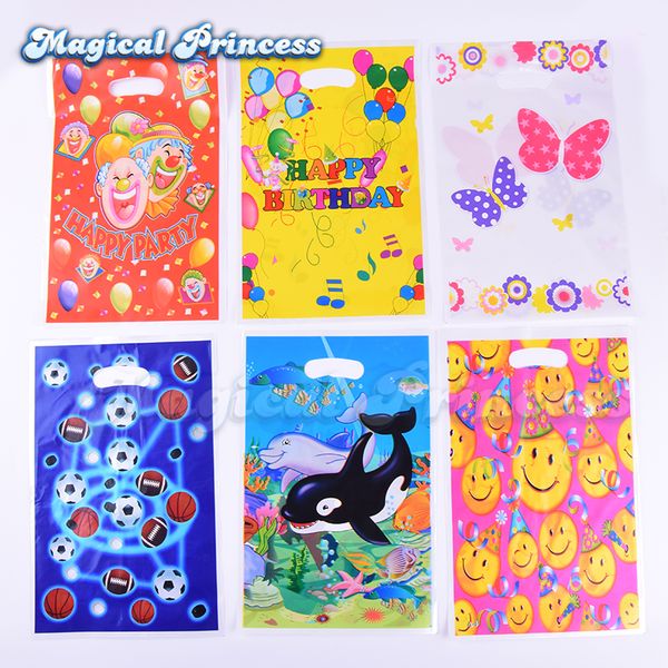 

clown,yellow balloon,white butterfly,football,ocean world,smiling face,green cupcake design party loot bag,plastic gift bag