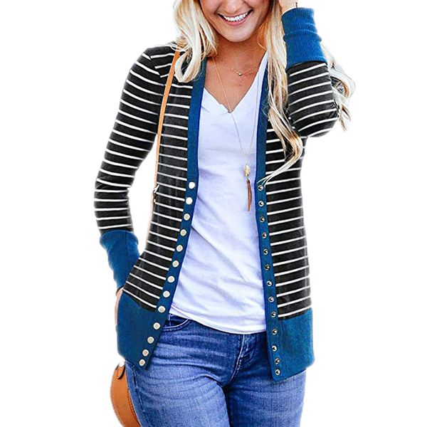 

2019 autumn winter jacket coats women long sleeve v-neck button slim striped splice cardigans coat fashion woman casual jackets, Black;brown