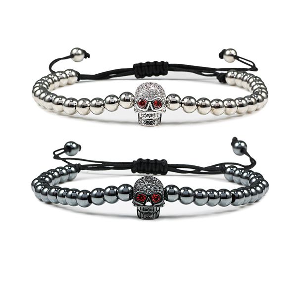 

fashion men's bracelet micro pave skull copper beaded bracelets bangles wrap cord handmade braided rope homme jewelry rock gifts, Black