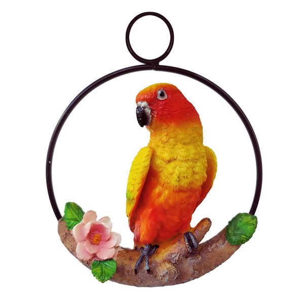 

hanging parrot statue sculpture on metal round ring