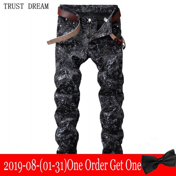 

paris designed man floral stretch jeans printed men slim fantasy black fit elastic pant casual streetwear punk hip hop pants, Blue
