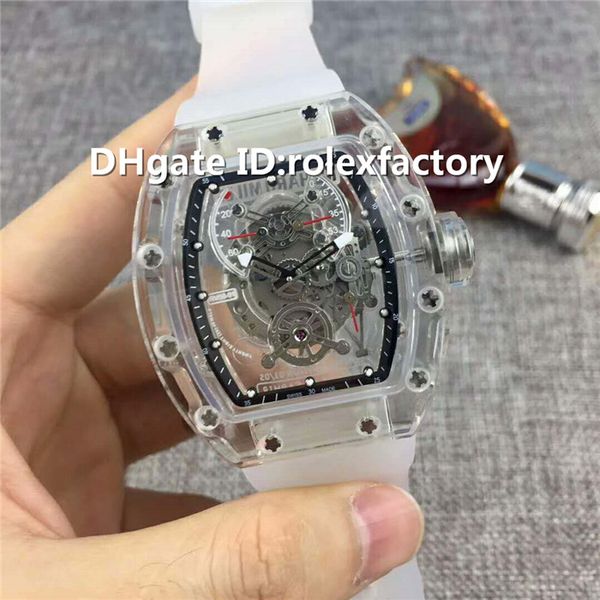 

new luxury 56-01 watch automatic q3.28800 sapphire crystal transparent case skeleton dial rubber strap transparent case back mens watch, Slivery;brown