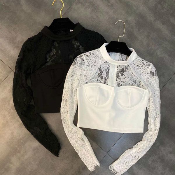 

deat 2020 spring summer long sleeve lace hollow out short blouse women mh350, White