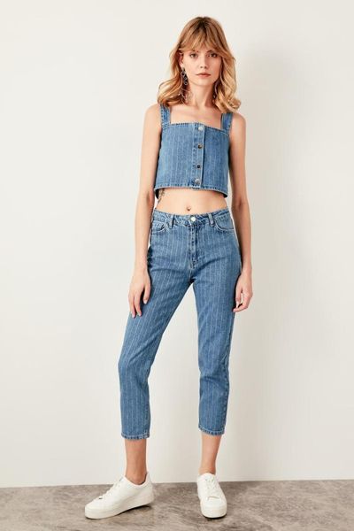 

trendyol blue striped high waist mom jeans twoss19um0016