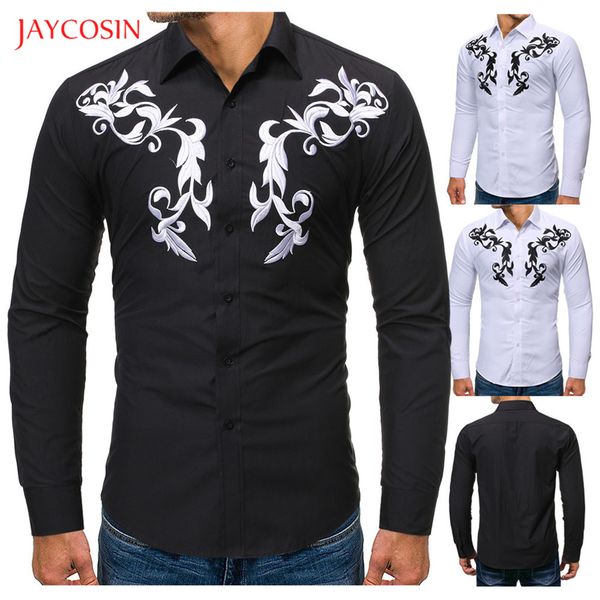 

joycosin fashion men shirt 2019 winter casual men clothes solid floral print long sleeve lapel slim fit button shirt, White;black
