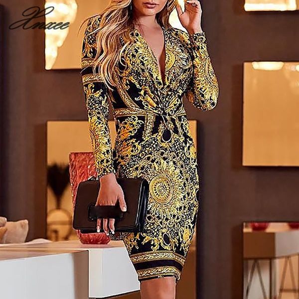 

xnxee 2020 ethnic print spin front women long sleeve dress v neck party club autumn fashion dress bodycon vestidos mujer, Black;gray
