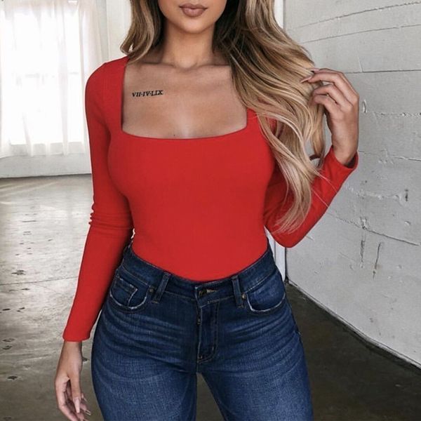 

ladies designer blouse women spring 2019 fashion womens polyester shirt solid long sleeve square neck ladies long tight bottom shirt, White