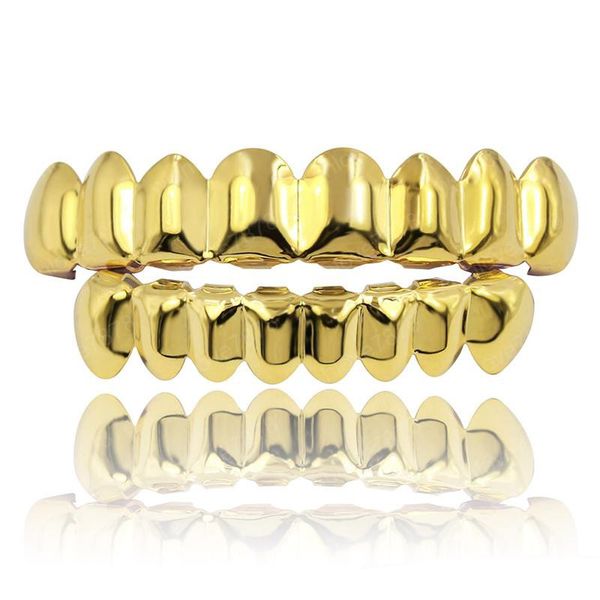 

classic smooth gold silver rose gold plated teeth grillz 6 & bottom faux dental tooth braces grills men lady hip hop rapper body jewelry, Black