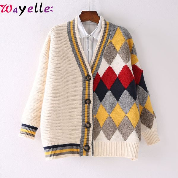 

женщины зимнего свитер куртка v шеи однобортного argyle вязаных кардиганы крупногабаритная корейская теплая толстый зима cardigans девушка, White