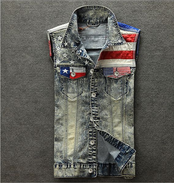 XIU LUO 4XL Moda Uomo Gilet di jeans USA Bandiera Elegante Vintage Patchwork Personalità maschile Slim Blue Punk Giacca da cowboy 2019 nuovo