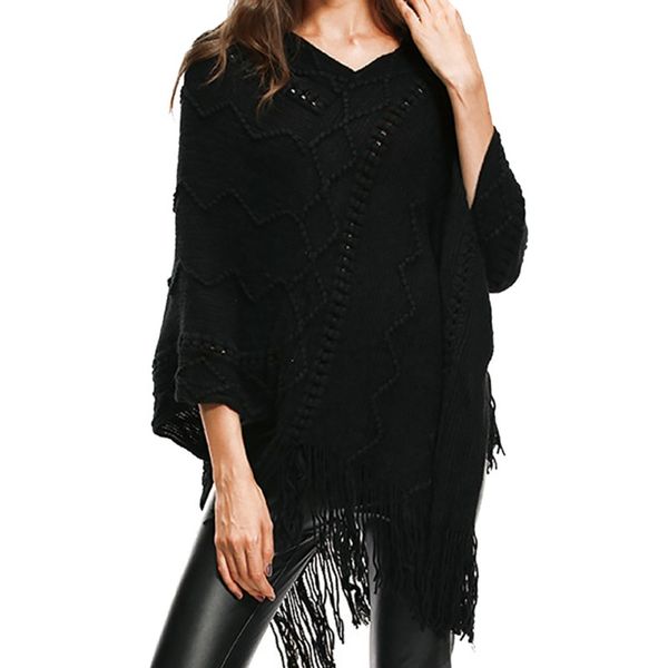 

fashion tassel pullovers casual women knitted lace shawl warm sweatshirts women knitted capes and ponchoes, Black