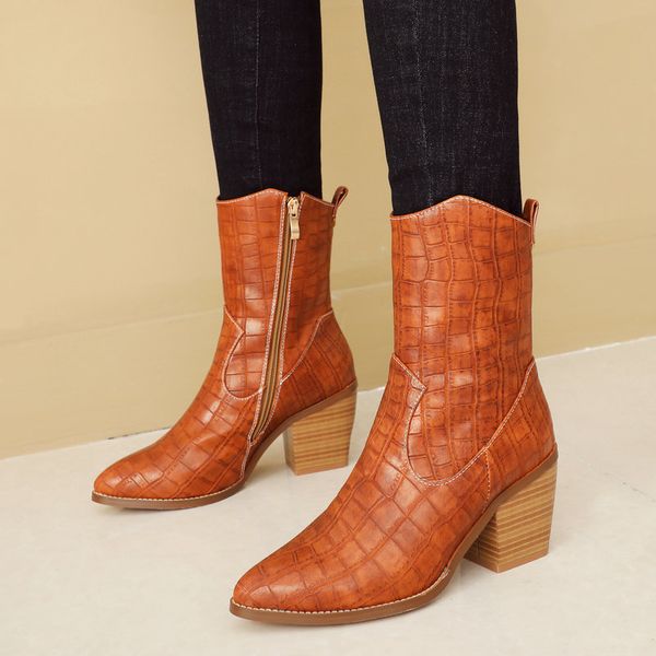 

black brown snake print ankle boots for women faux leather chunky heel cowboy boots 2019 winter new zipper shoes