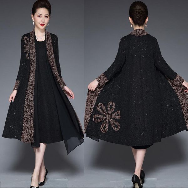 

winter elegant mother occasional long dress retro printed two pcs dress middle age women temperament party plus size l-4xl, Black;gray