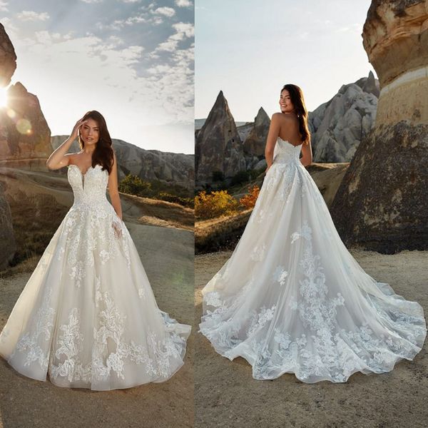 Eddy K 2020 Vestidos de casamento com bolsos Querida Lace Appliqued Boho vestido de casamento vestidos de noiva vestido País Backless robe de mariée