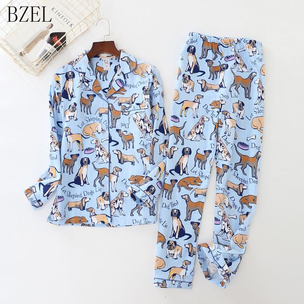 

bzel womens pajamas sets 100% cotton long-sleeve cute cartoon dog pajamas sleepwear turn-down collar women summer homewear, Black;red