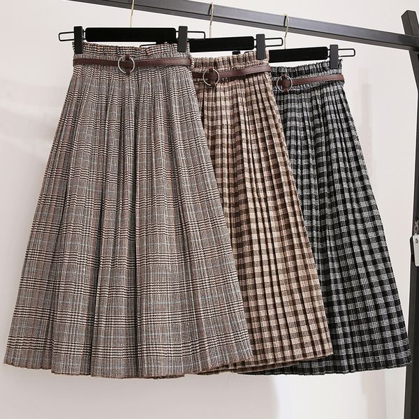 

plus size 3xl spring autumn women wool skirts plaid mid skirts 2019 casual loose ladies office skirts elastic waist sashes s39, Black;gray