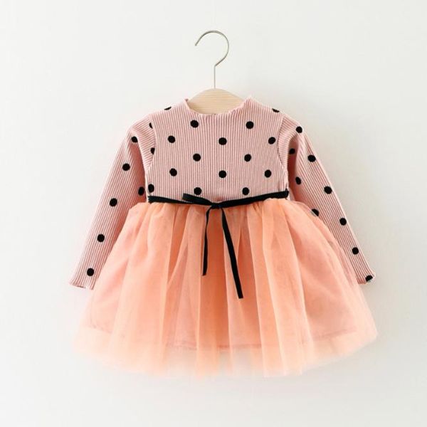 

2019 new 1-3 year old girl polka dot dress spring/autumn long sleeve stitching tulle tutu korean sweet pink base dress, Red;yellow