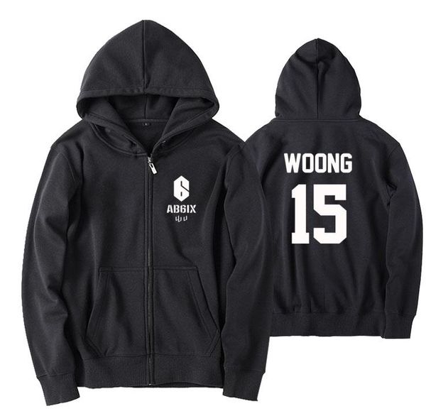 

kpop ab6ix member name printing zipper hoodie jacket fashion loose fleece/thin sweatshirt for k- fans hoodie, Black