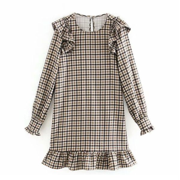 

женщины моды плед печати платья весна с длинным рукавом сыпучие мини платья 2020 повседневный o шеи рябить короткое платье vestidos mujer, Black;gray