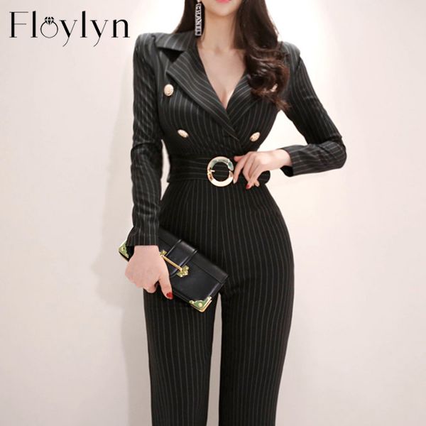 

long sleeve sashes striped jumpsuit black v-neck women work business ankle-length pant jumpsuits slim waist long playsuit 2020, Black;white