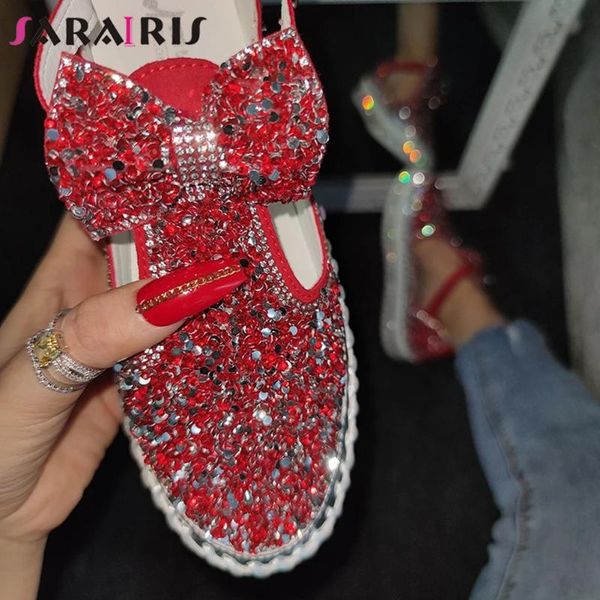 

sarairis round toe butterfly knot slip on sandals women 2020 rhinestone casual daily sewing sandals ladies fashion bling shoes, Black