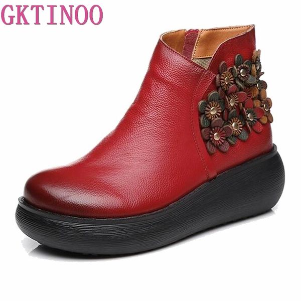 

gktinoo new autumn women's genuine leather platform shoes wedges lady high heel shoes woman pumps handmade flower, Black