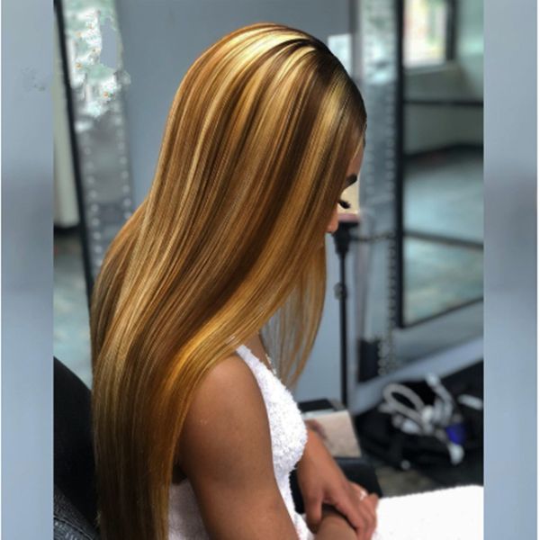

colored 13*6 deep part lace front wig straight brown and blonde highlight color pre plucked lace wigs brazilian remy hair, Black;brown