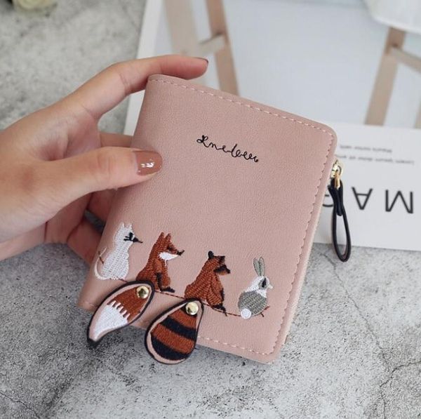 Titular mulheres PU Fox Cartão bordado Zipper Wallet Curto