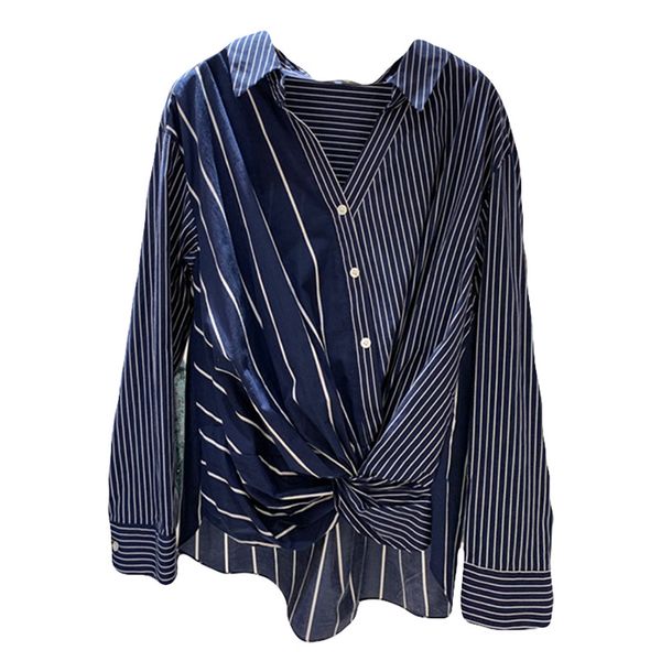 

ewq] 2020 мода длинным рукавом streetwear женщины кнопка рубашки blusas mujer корейский марочные полосатый лоскутная блузы для женщин, White