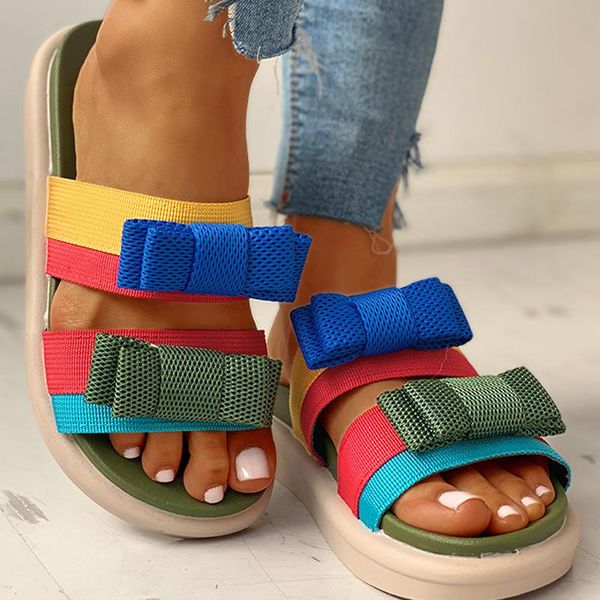

2020 women's summer flat slippers platform slippers bow sandals outside beach casual, Black