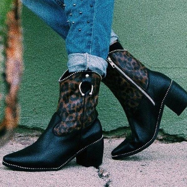

women fashion leopard print ankle boots female winter boots pu leather booties side zipper fashion for women 2020, Black