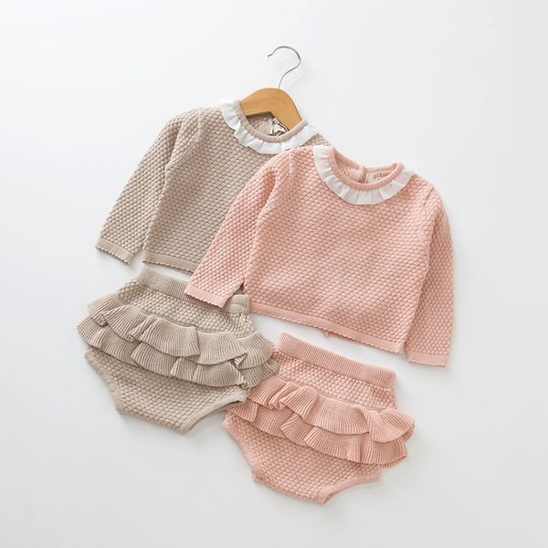 

2020 designer-baby girls outfits newborn knit sweater ruffle shorts 2pcs/set 2019 spring autumn boutique kids clothing sets b11, White