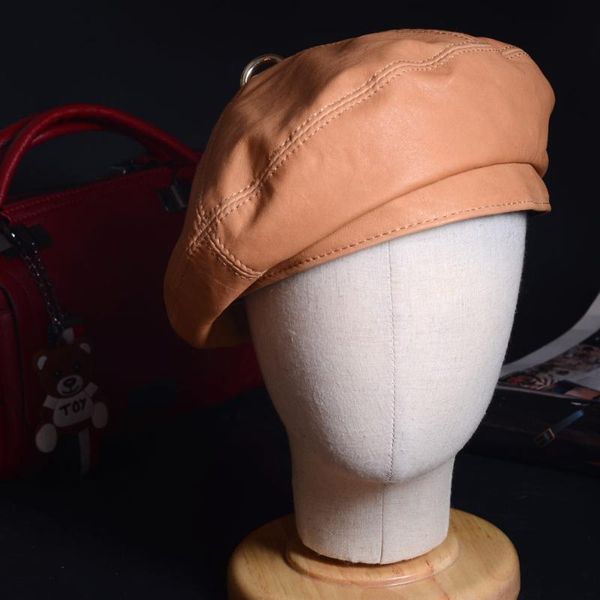 

women's ladies 100% real leather soft lambskin vegetable tanning leather beret round cap style army hats/caps, Blue;gray