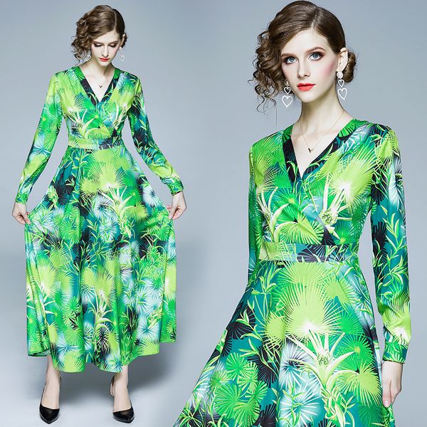 

2020 runway green printed dress women fashion long sleeve v-neck party prom floral ladies designer dress elegant office a-line dresses, Black;gray