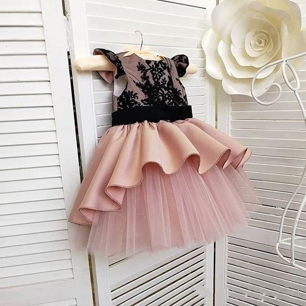 

customized baby girls dresses for birthday black lace puffy tulle short sleeves flower girl dress party gowns for kids, Red;yellow