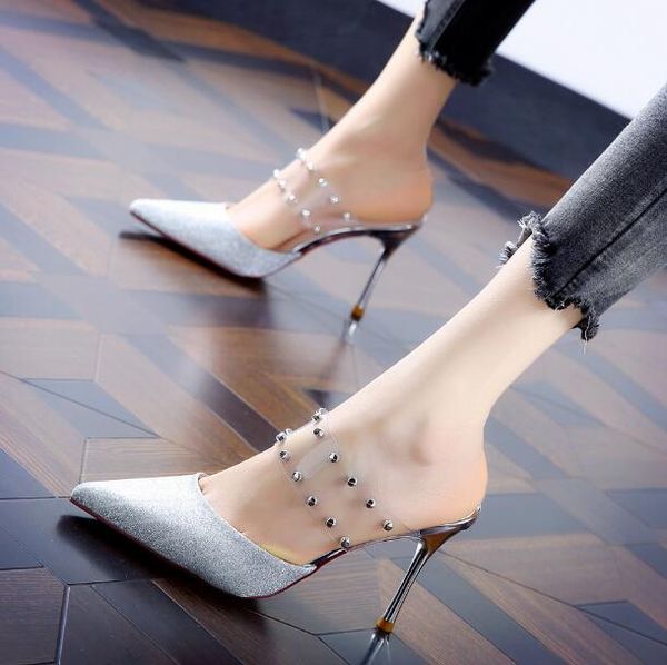 

designer women brand rivets stiletto sandals women luxury shallow mouth lady princess pumps pointed toe hight heel shoes, Black