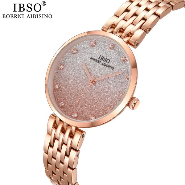 

ibso brand women's rhinestone quartz watches set round dial rose gold watch for ladies stainless steel clock montre femme, Slivery;brown