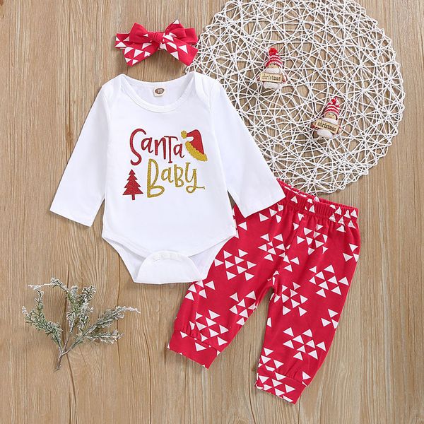

christmas baby girls outfits sets winter fashion pullover letter print romper geometric pants baby ensemble meisje kleding, White